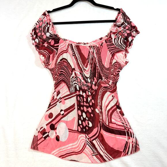 Jaipur XL Pink Pleated Top Abstract Print Y2K Fest Psychedelic Whimsy Rave Bratz - Picture 1 of 8